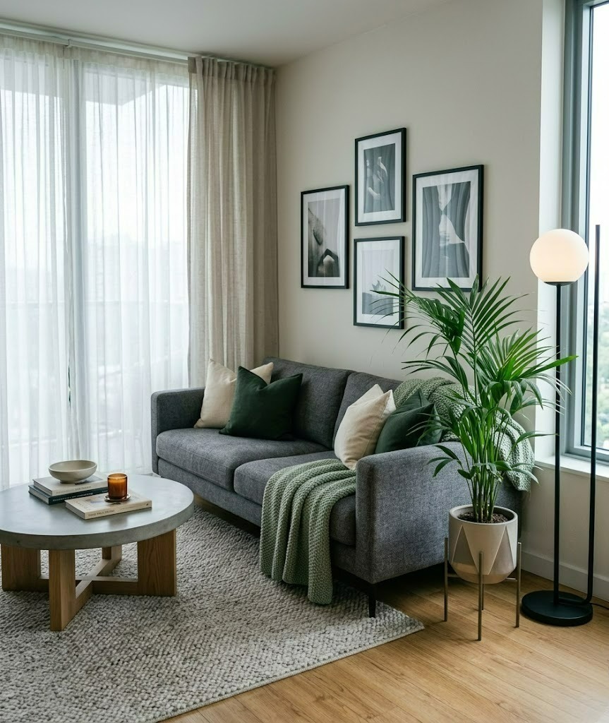 A sun-drenched, modern minimalist living room